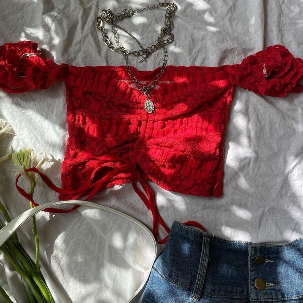 Vintage Red Off Shoulder Lace Top